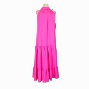 MSK NWT Hot Pink Sleeveless Halter Tie Neck Drop Waist Ruffle Maxi Dress XL